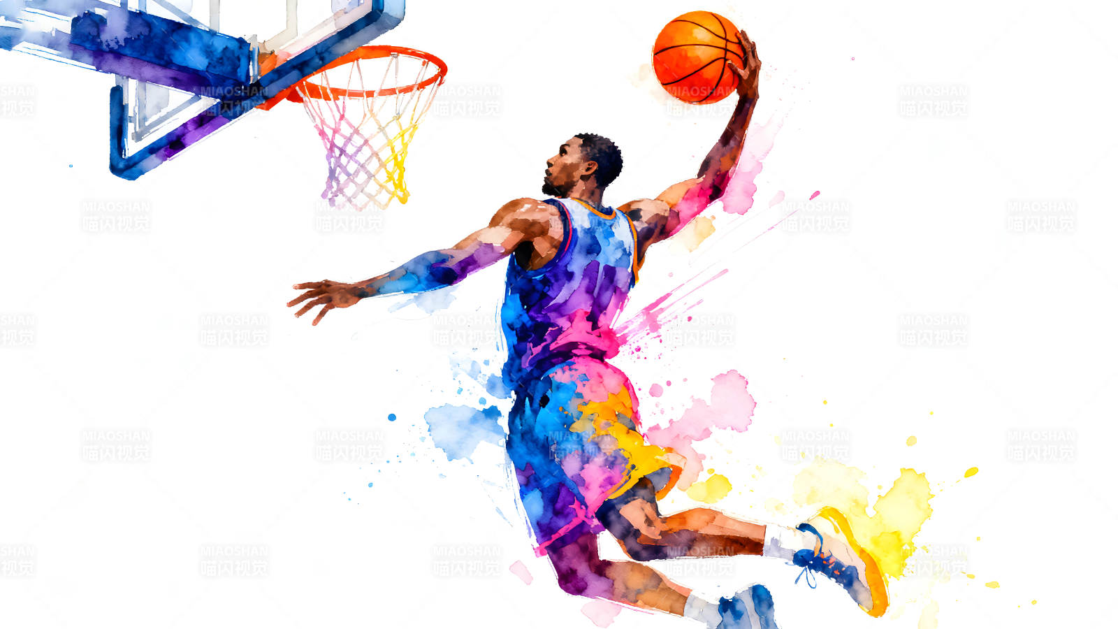 水彩篮球运动员灌篮瞬间图片