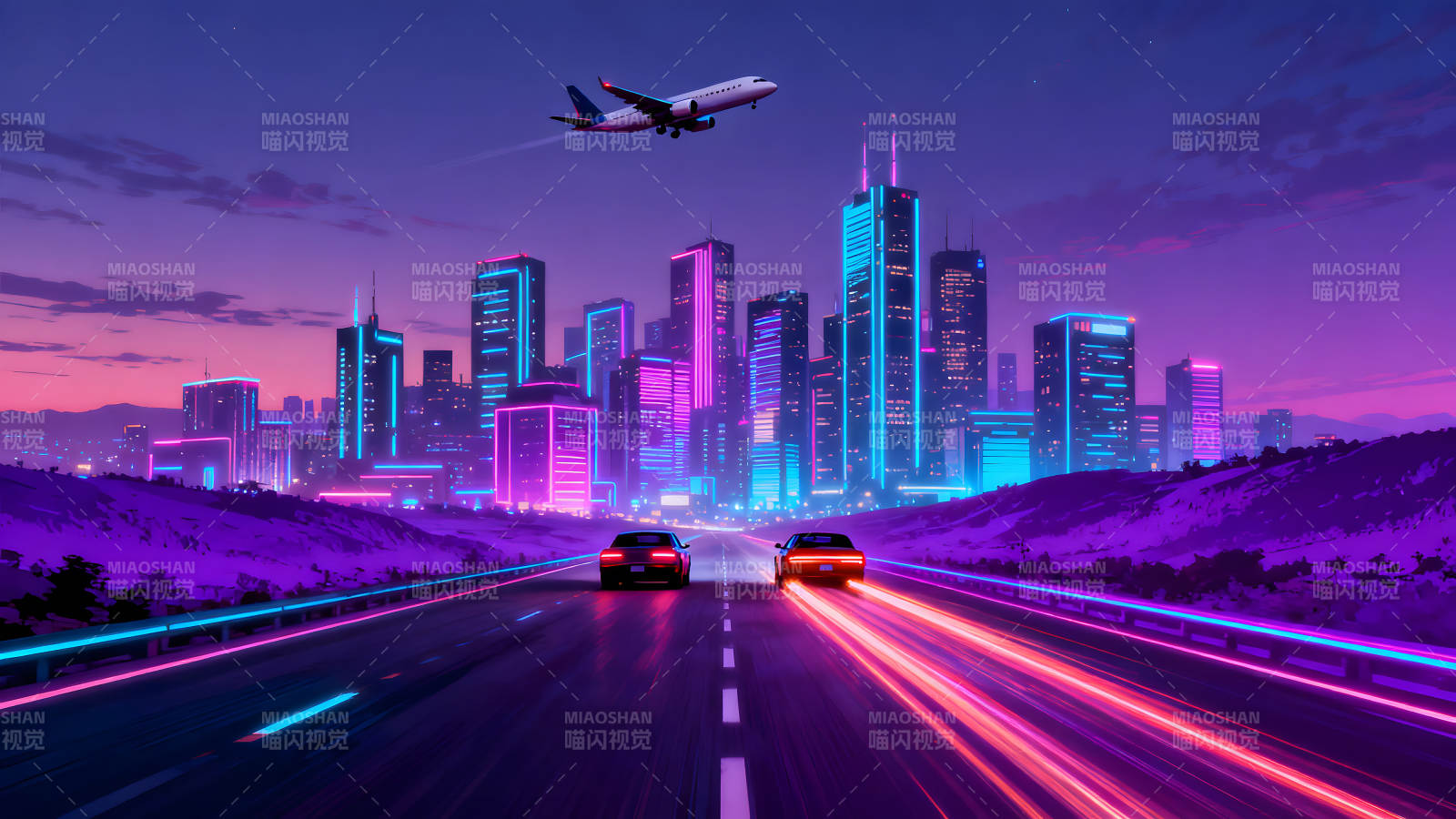 霓虹都市夜景下的赛车追逐与飞行器图片