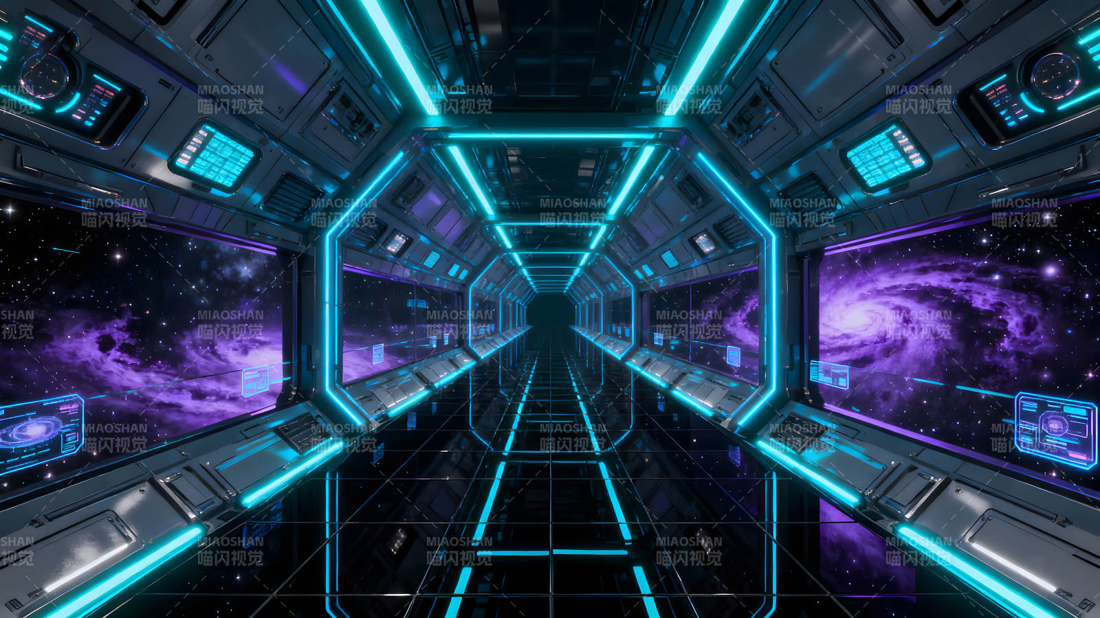 太空飞船走廊欣赏宇宙星云景象图片