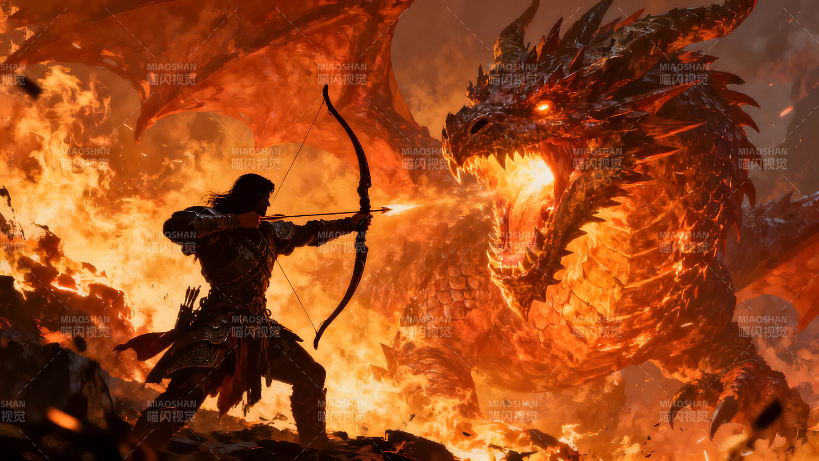 弓箭手射向火焰巨龙图片