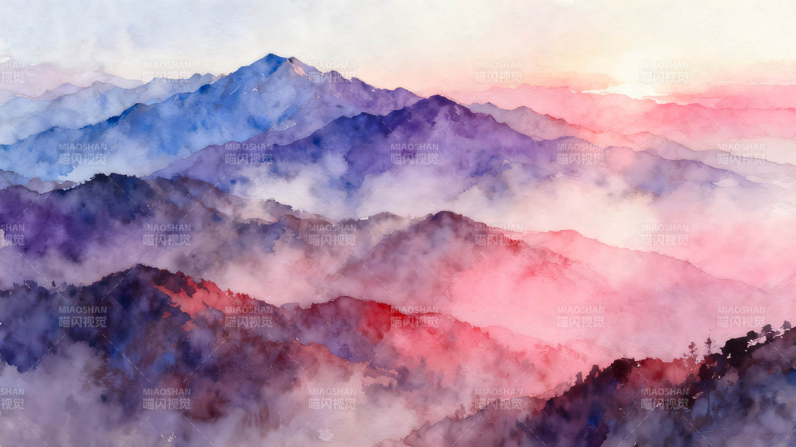 水彩渲染山脉云雾梦幻景色图片