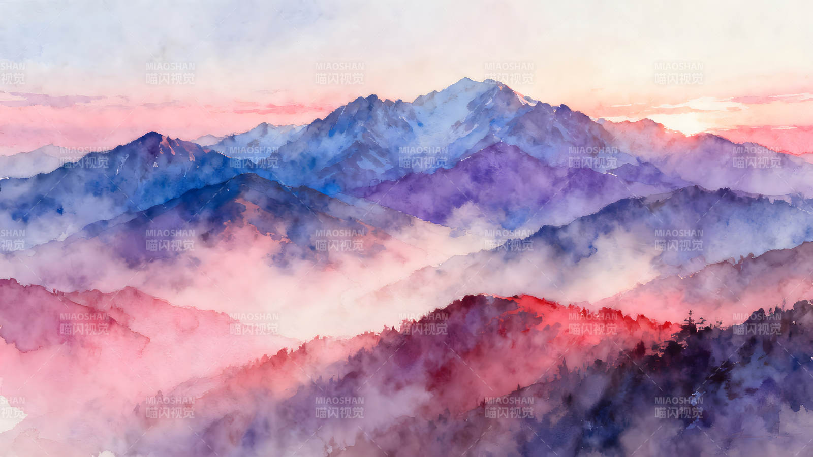 水彩山脉日出景象色彩绚丽图片