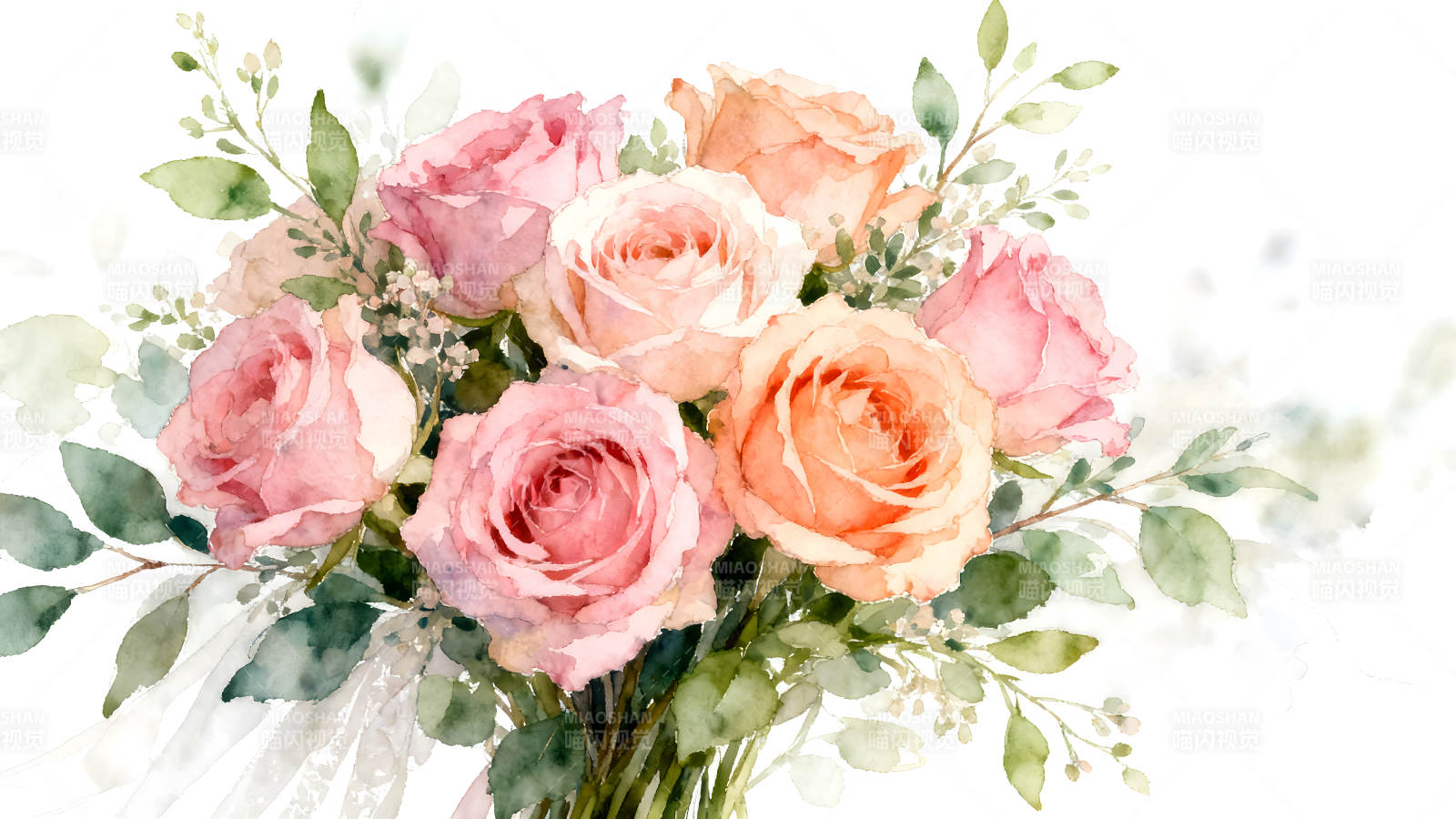 粉色玫瑰花束水彩风格清新唯美图片