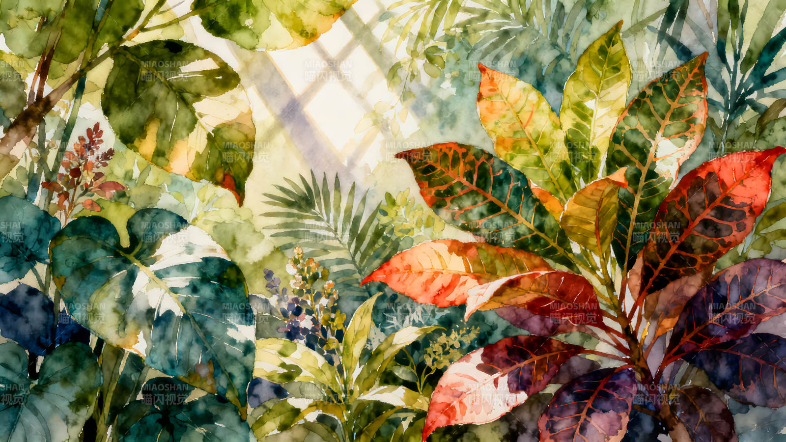热带植物水彩画呈现图片