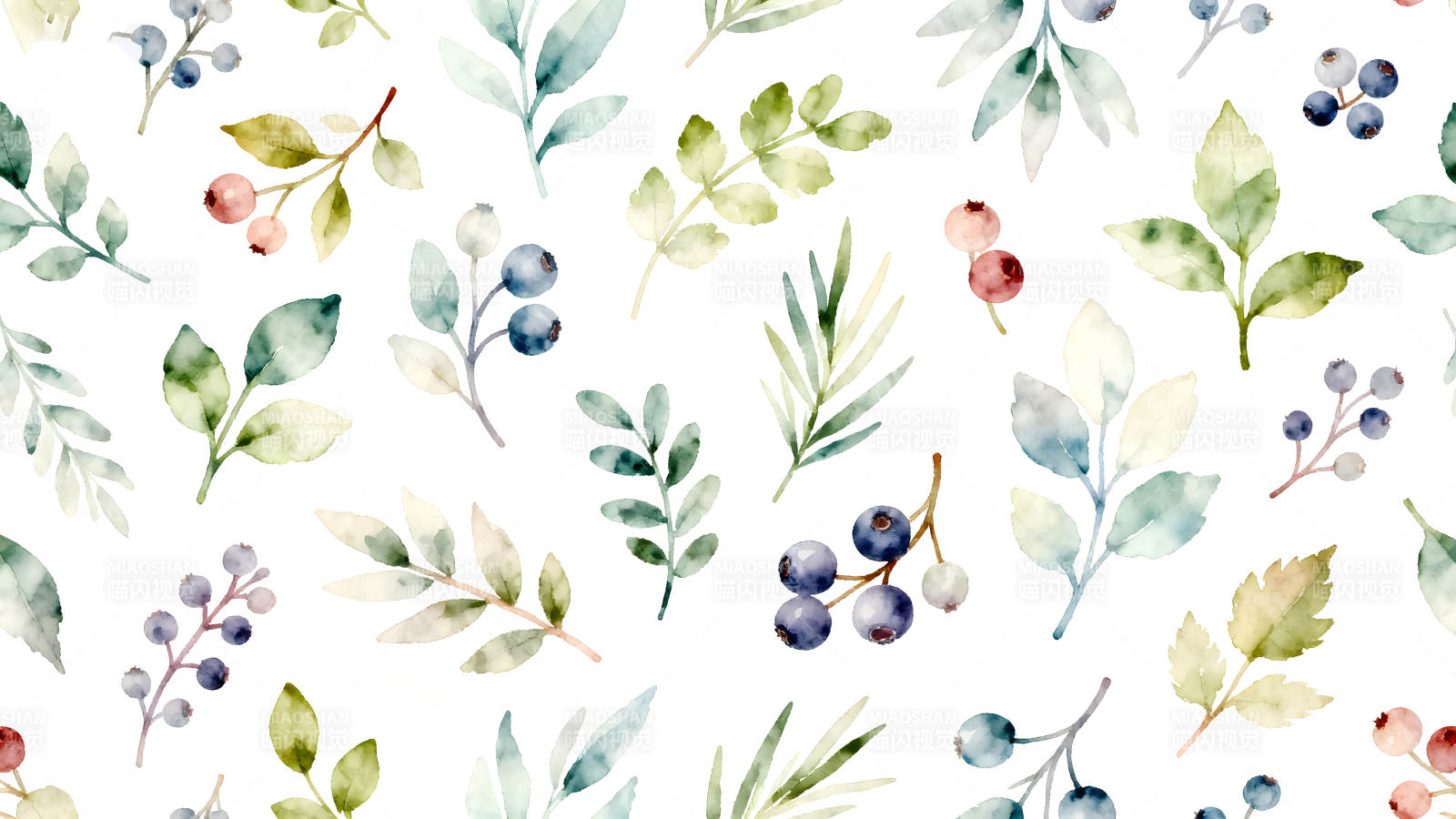 水彩叶子和浆果的白色背景图片