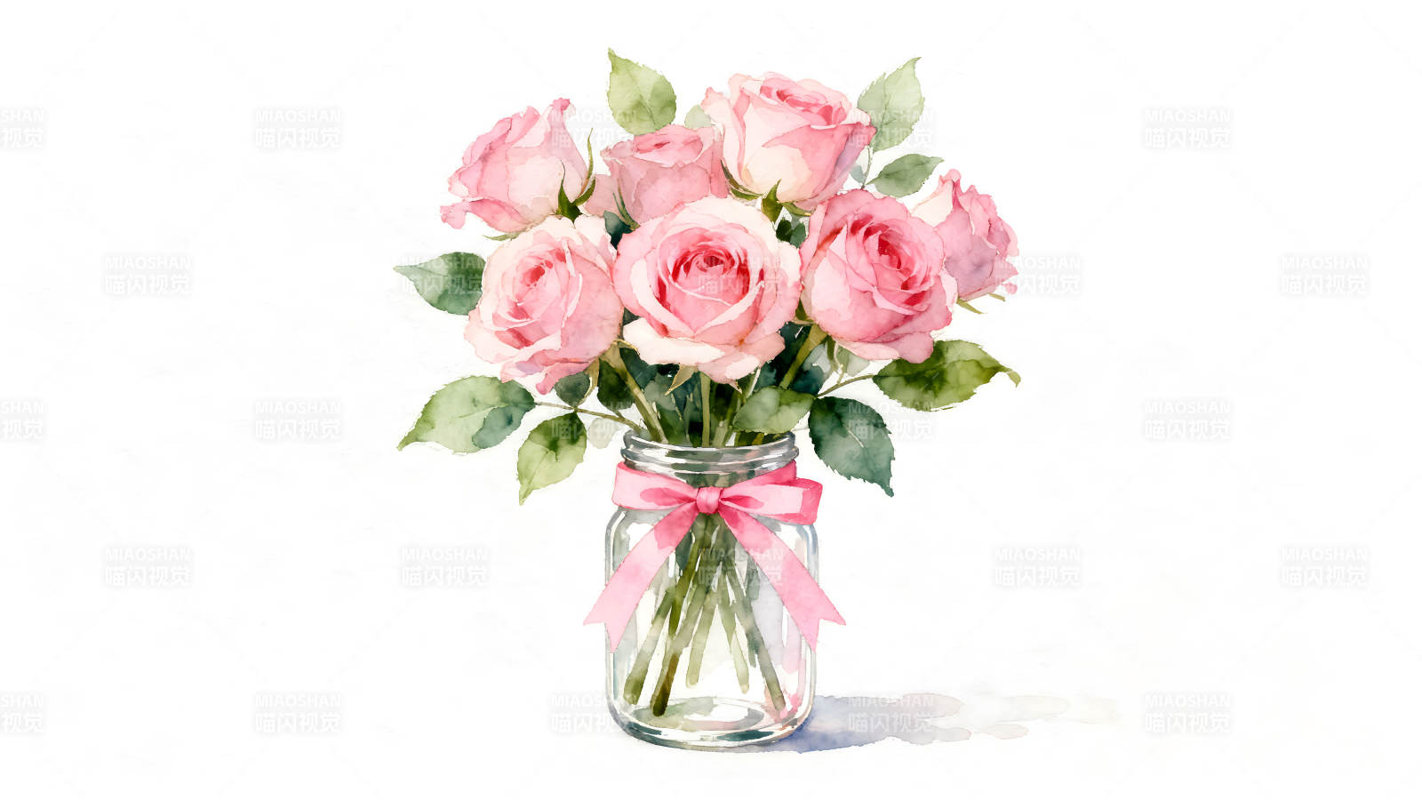 粉色玫瑰花束玻璃瓶水彩画图片