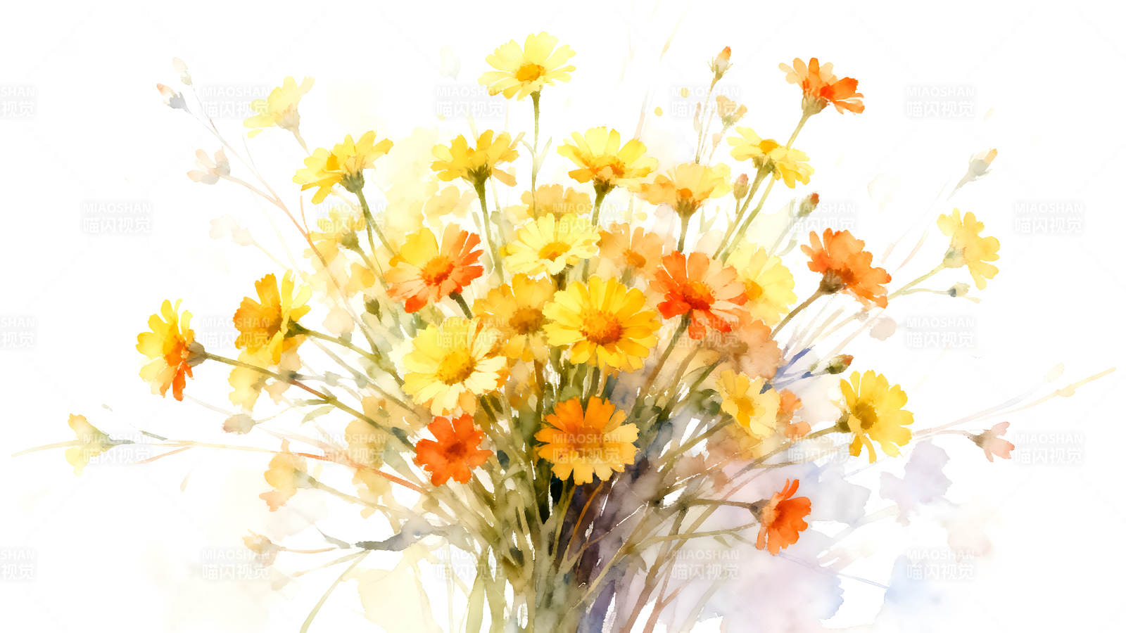 黄色橙色花束水彩画图片