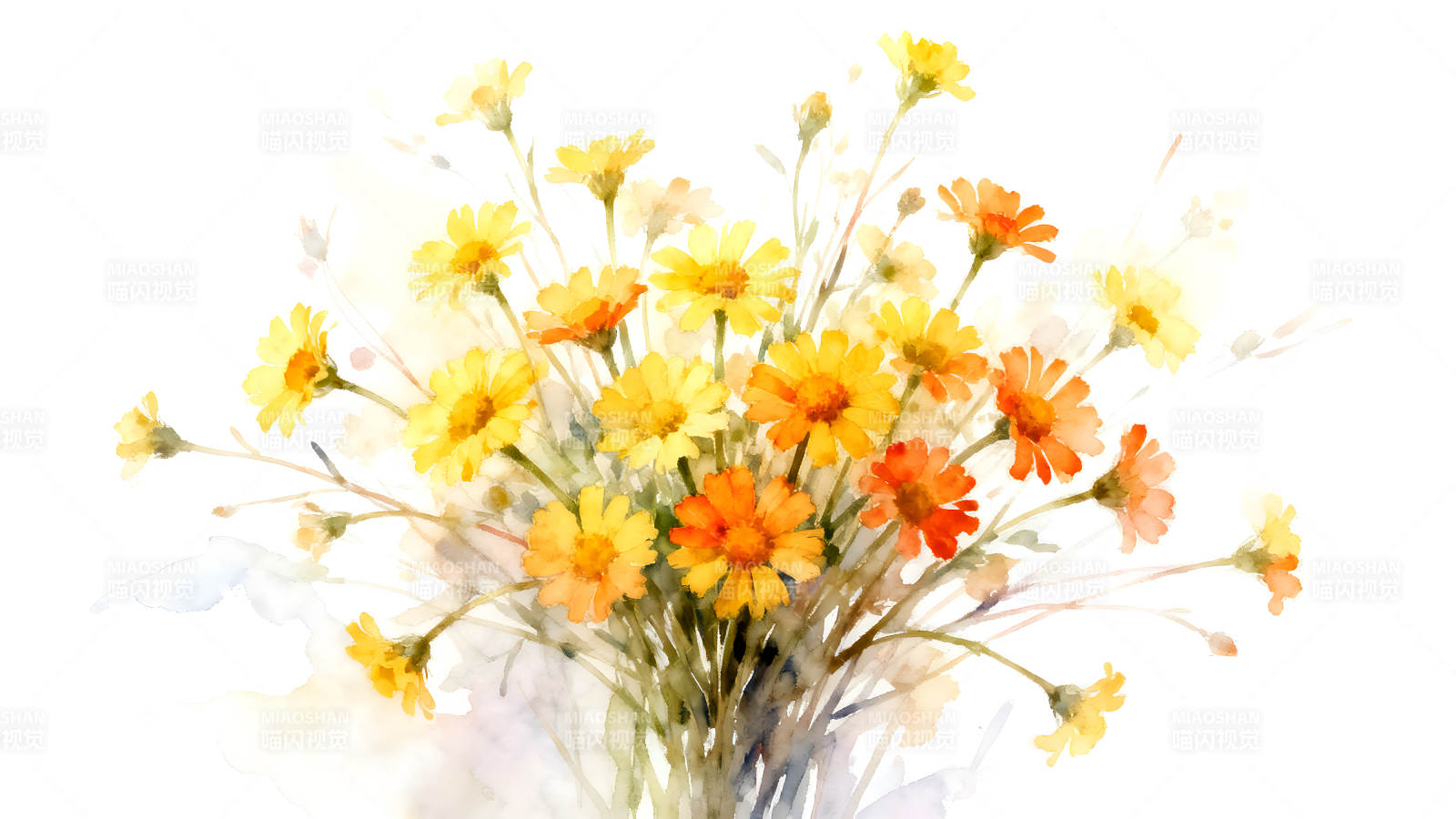 水彩风格的黄色和橙色花束图片