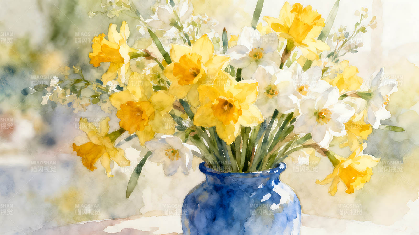 水彩画的花瓶里的黄白花图片