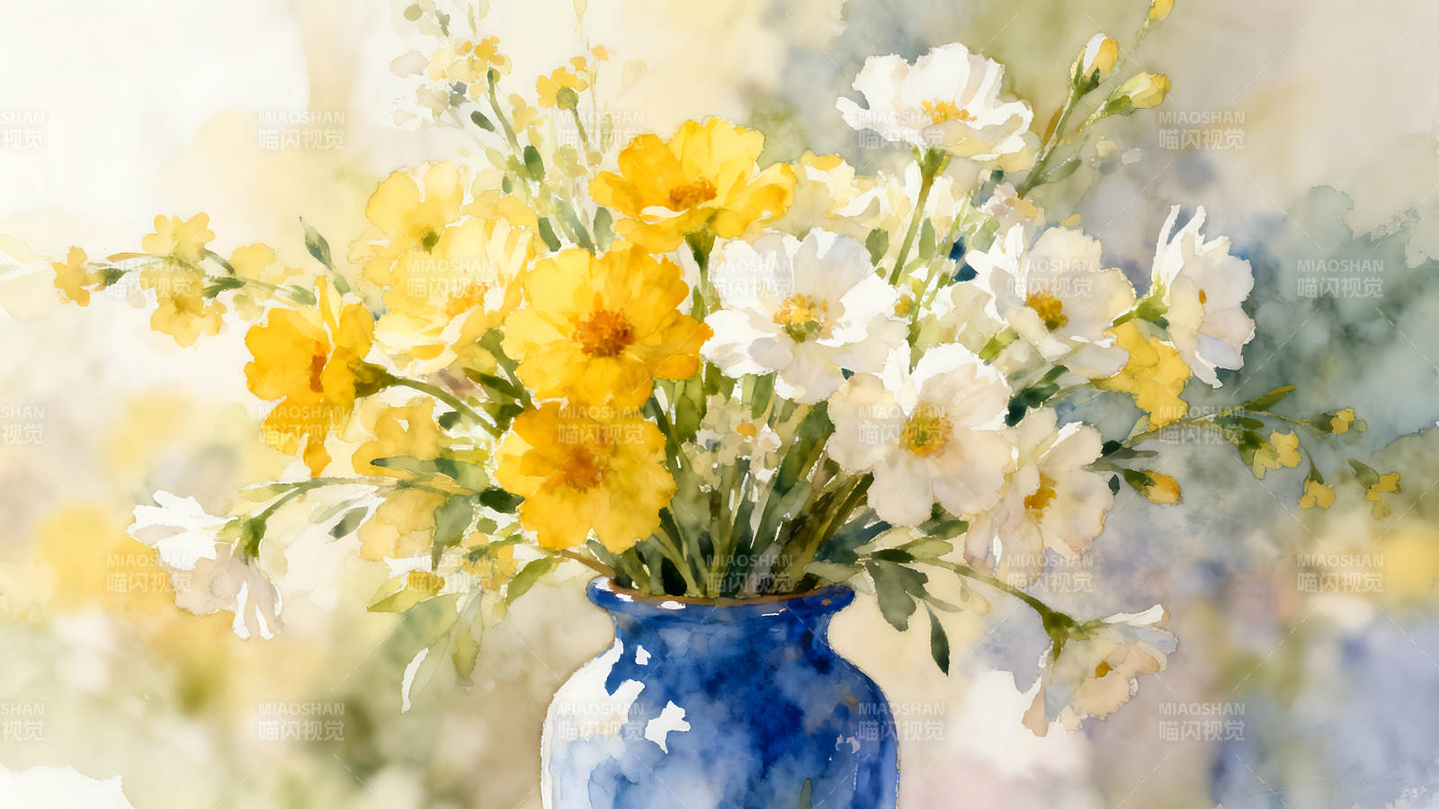 水彩花束静物图蓝色花瓶图片