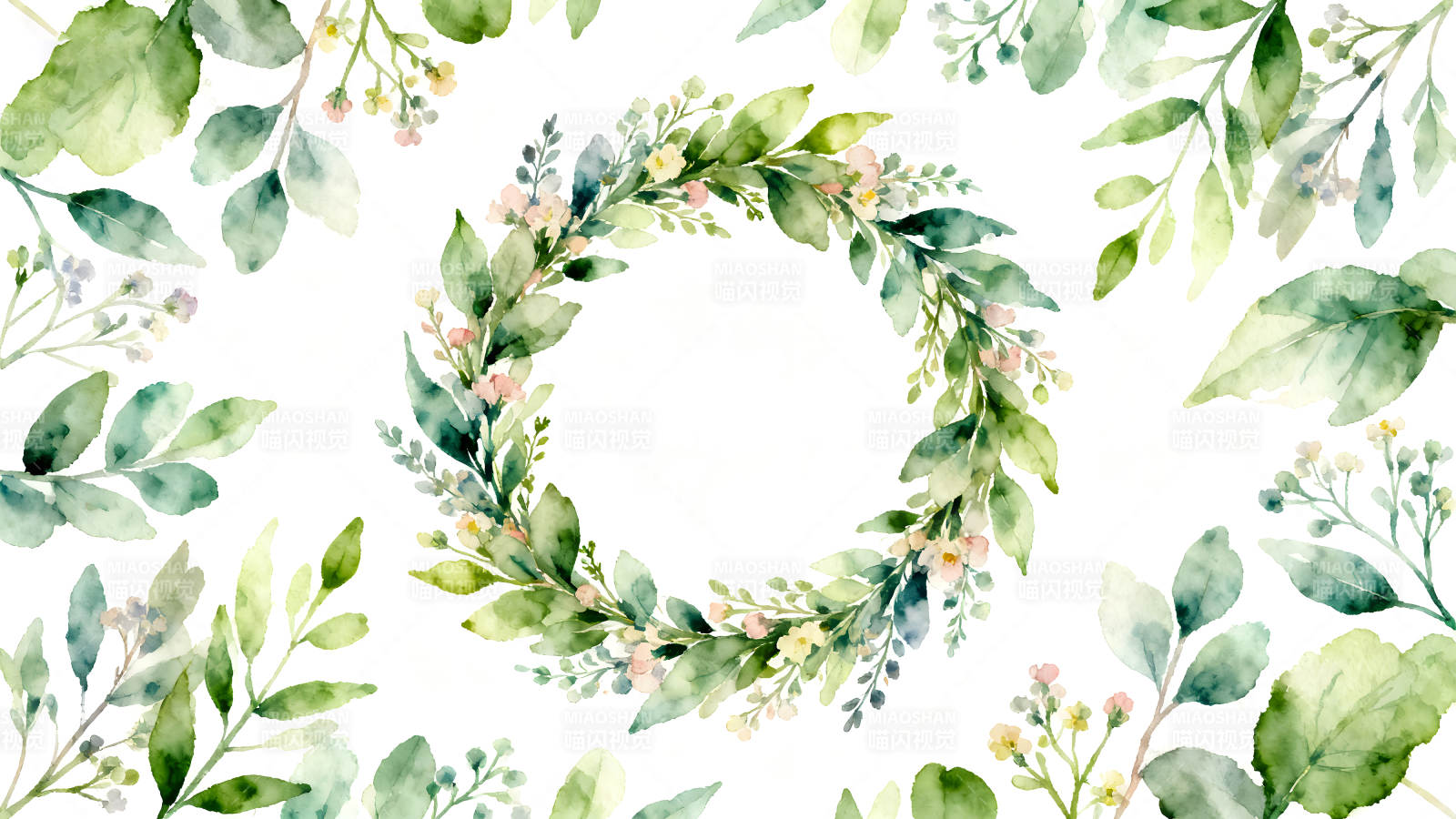 水彩花环叶子白色背景清新风格图片