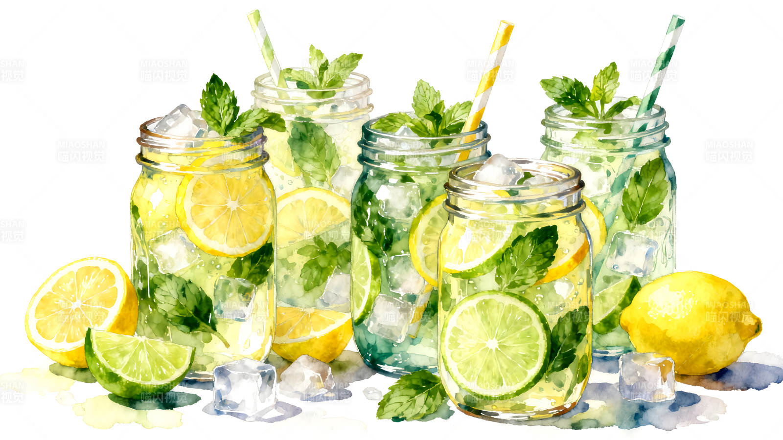 清凉夏日饮品水彩画图片