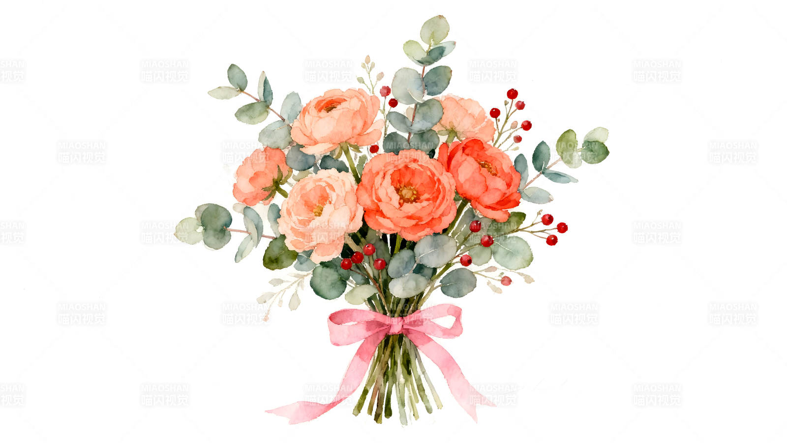 水彩花束粉色蝴蝶结装饰图片