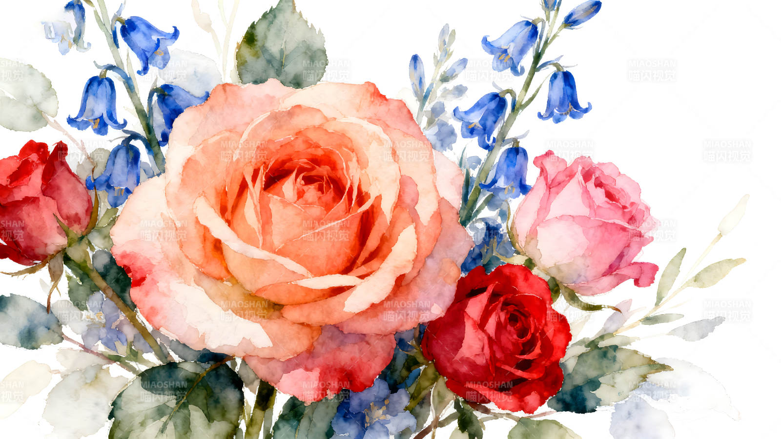 水彩玫瑰和蓝色风铃草的艺术绘画图片