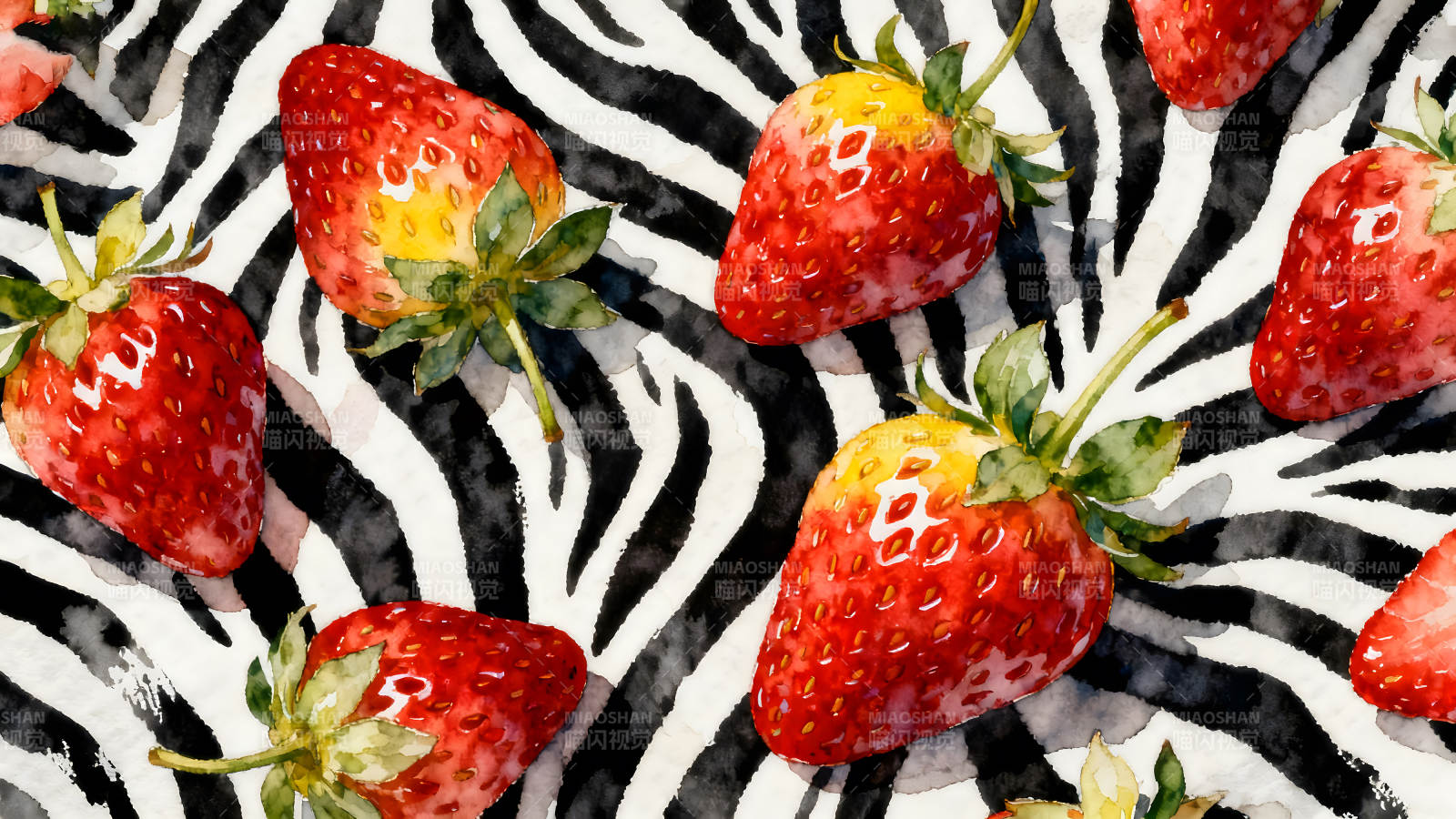 水彩草莓斑马纹理背景图片