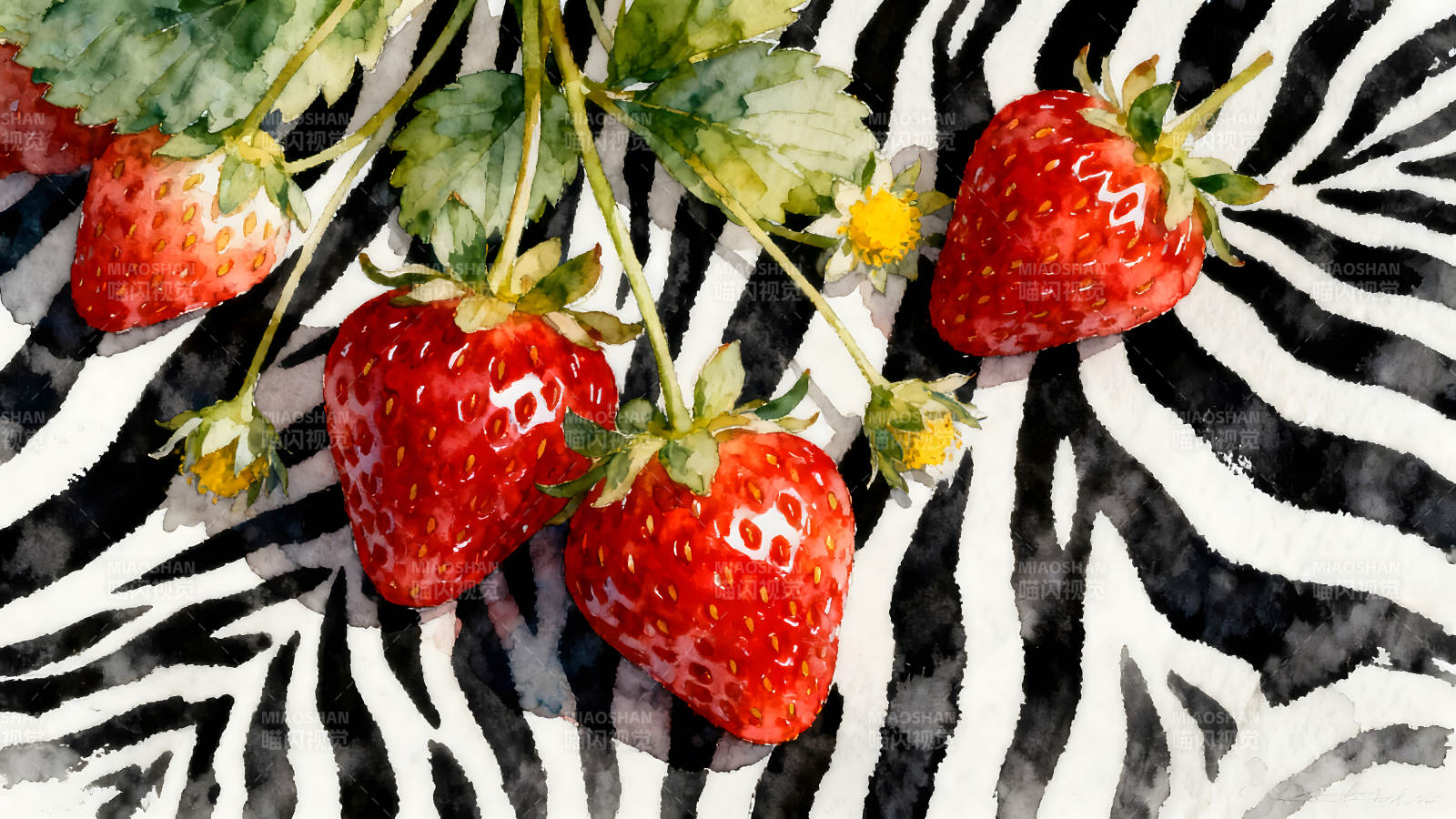 水彩草莓与斑马纹背景图片