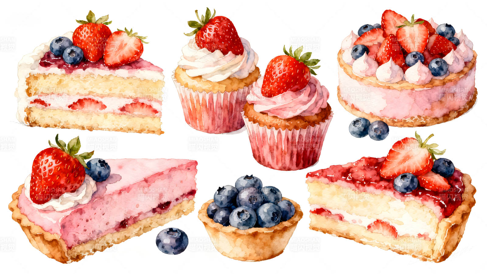 美味草莓甜点集合水彩画图片