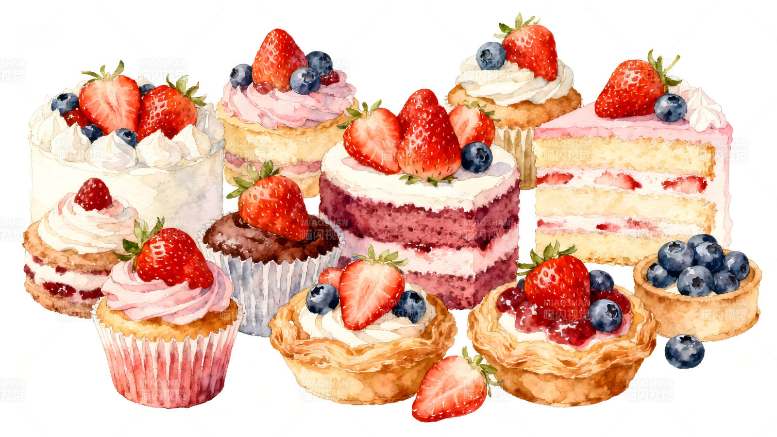 水彩风格的美味草莓甜品图片