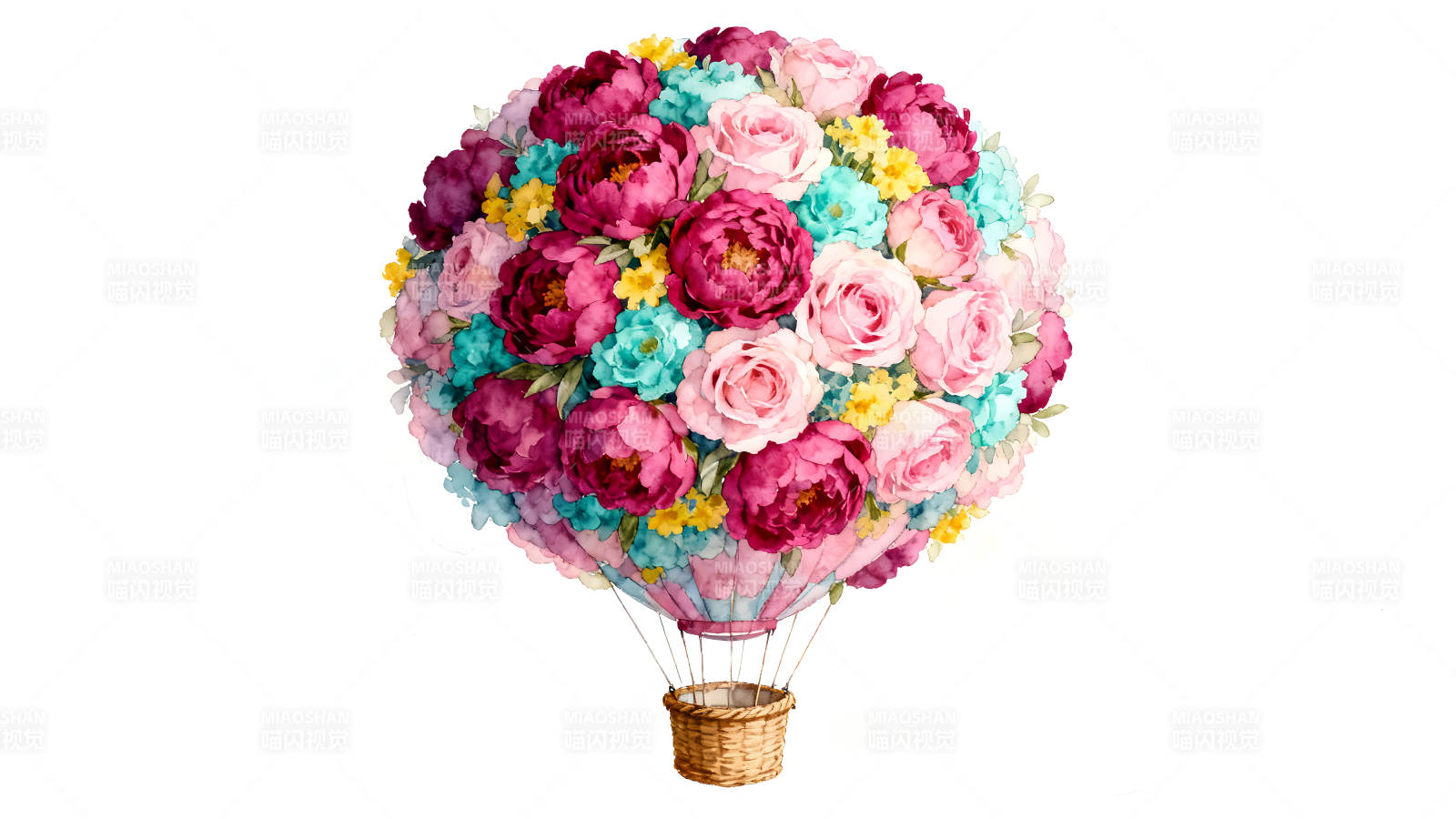 水彩花束热气球鲜花绽放飞翔天空图片