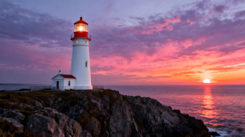 灯塔海景夕阳西下景色绚丽夺目图片