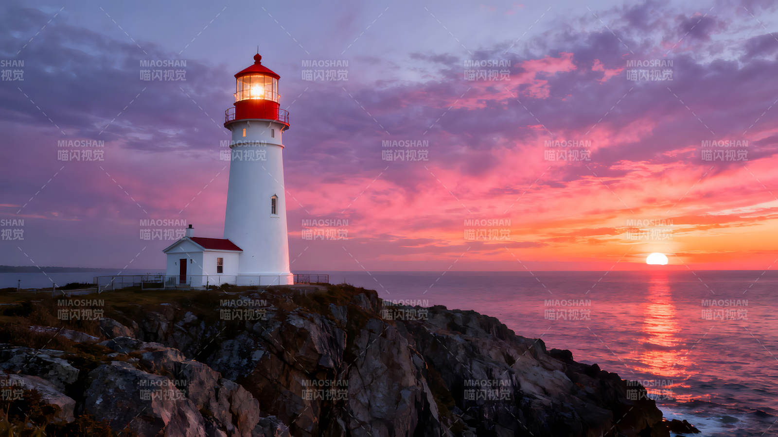 灯塔海景夕阳西下景色绚丽夺目图片