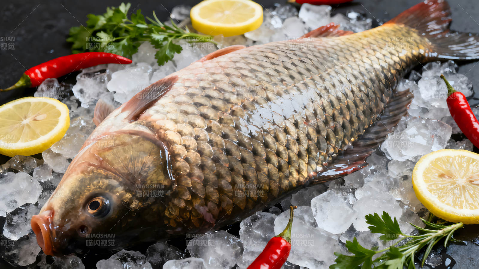 鲜鱼冰块柠檬辣椒图片