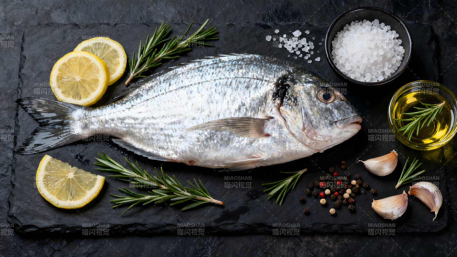 新鲜鱼类与烹饪配料的特写图片