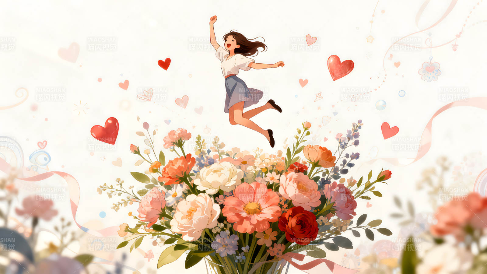 女孩快乐跳跃鲜花背景图片