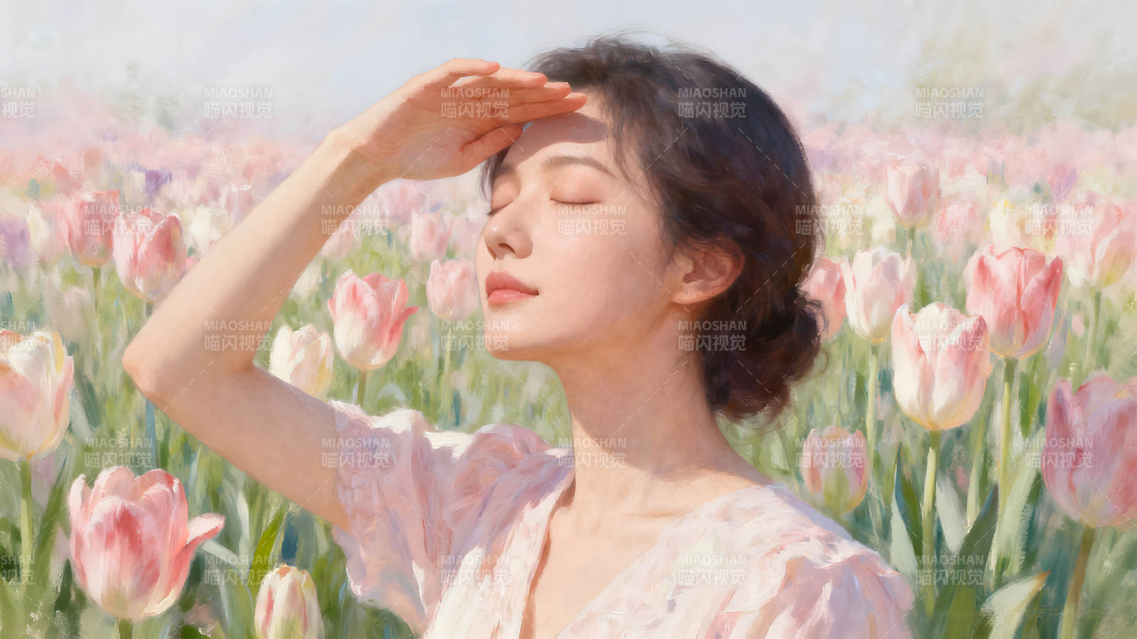 女子在花海中闭目享受阳光图片