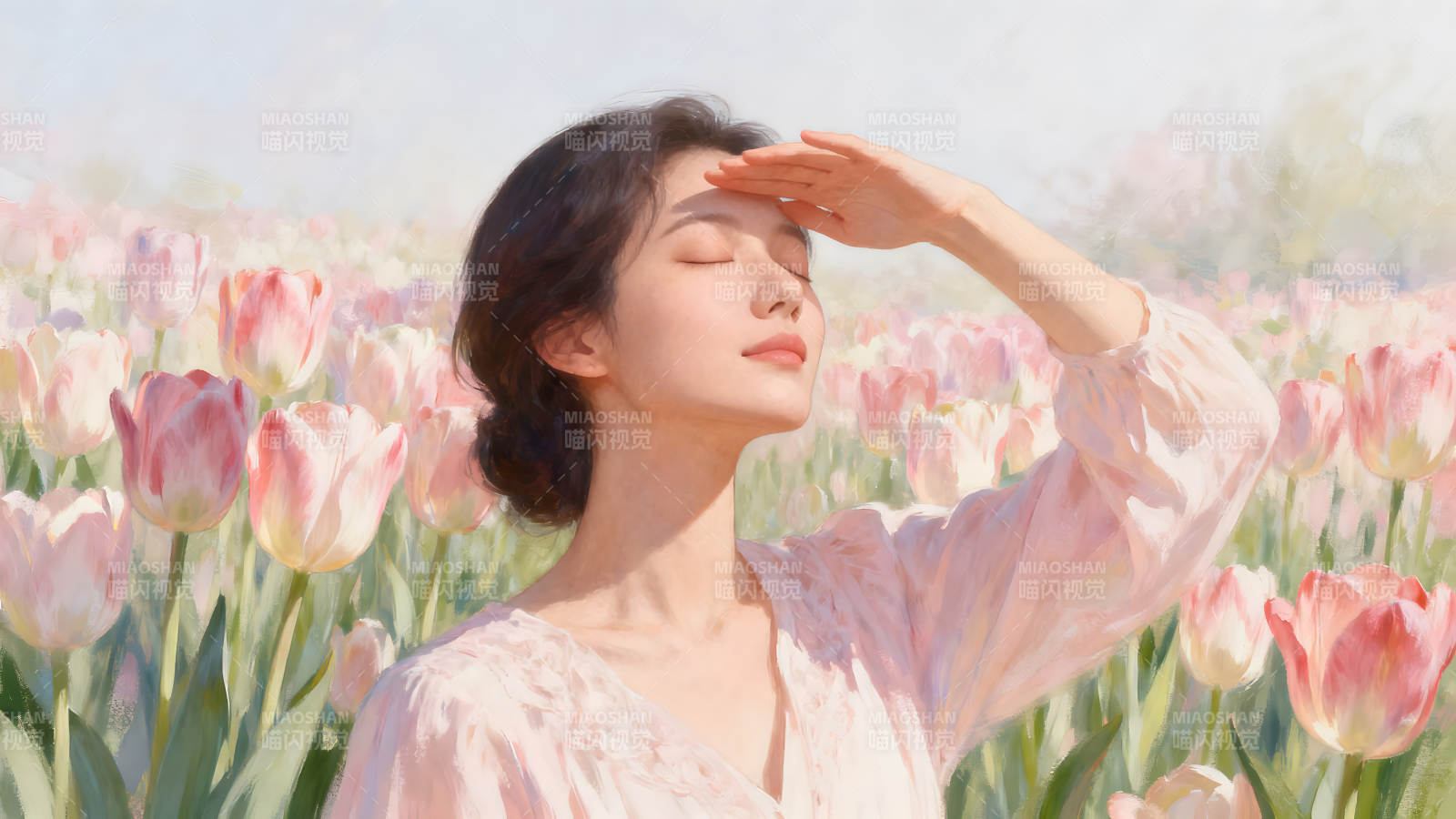 少女在郁金香花海中享受阳光图片