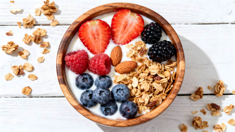 木碗里的酸奶配水果和麦片图片