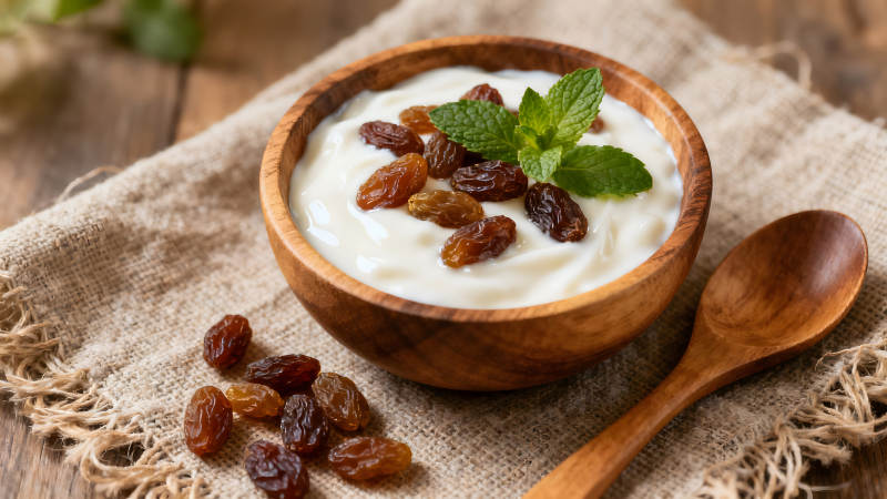 木碗酸奶配葡萄干图片