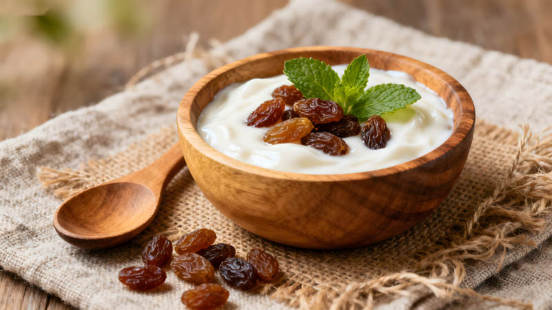 木碗酸奶配葡萄干薄荷叶图片