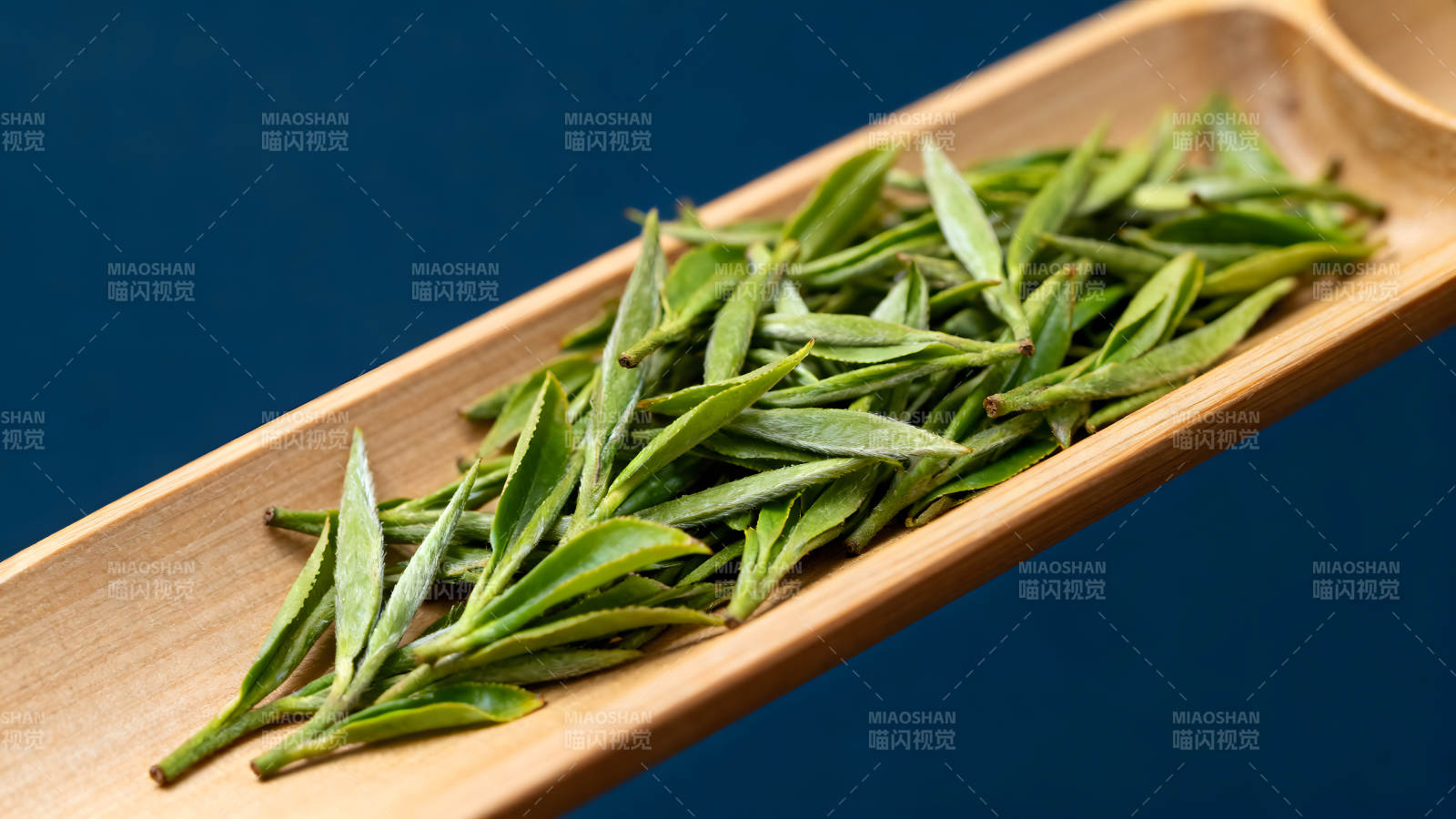 竹盘中的嫩绿茶叶特写图片