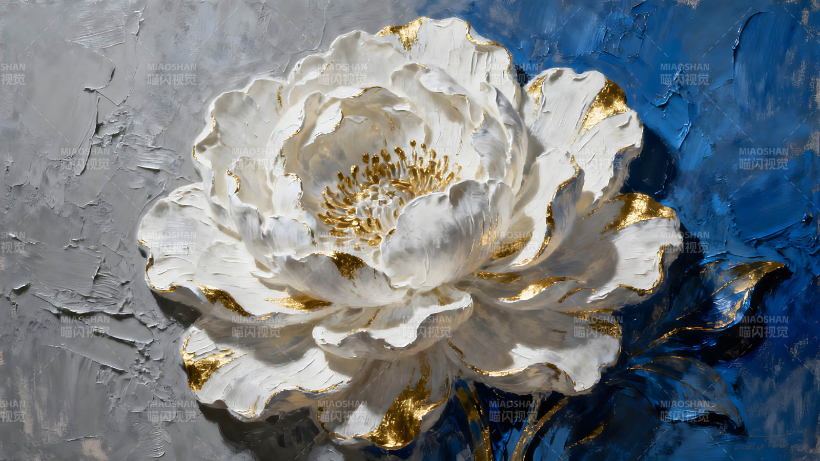 白色牡丹花油画镶金边细节写实图片