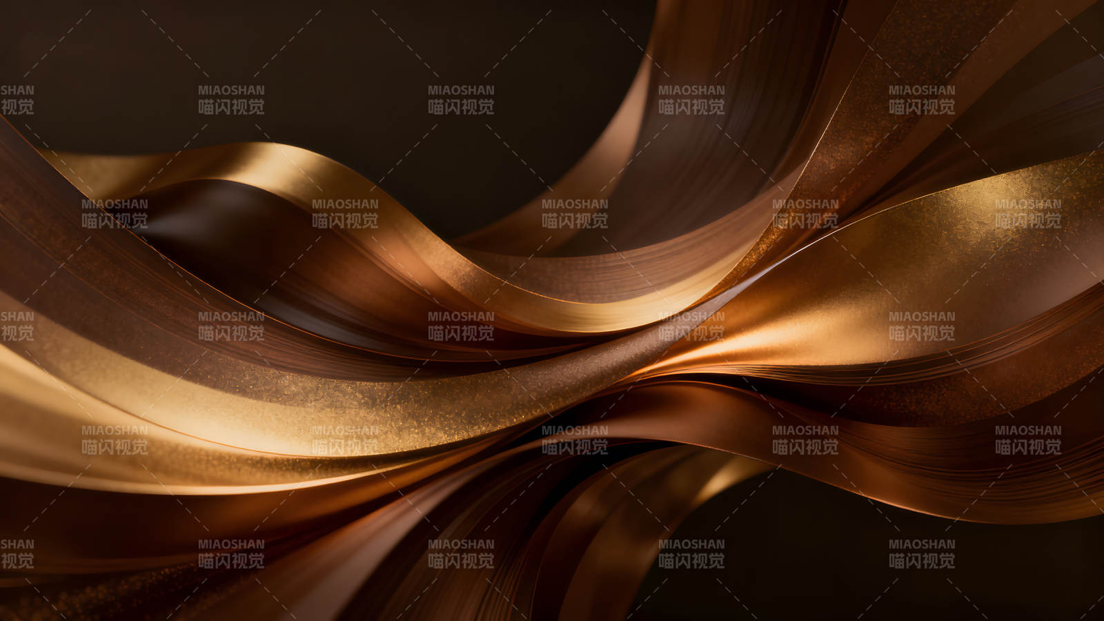 抽象的金色丝带在深色背景上流动图片