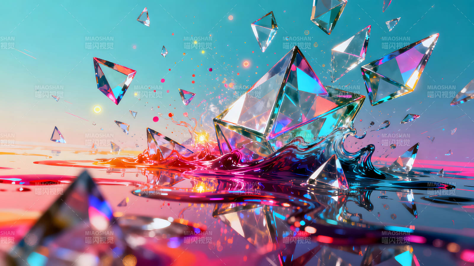晶体在水面溅起的梦幻景象图片