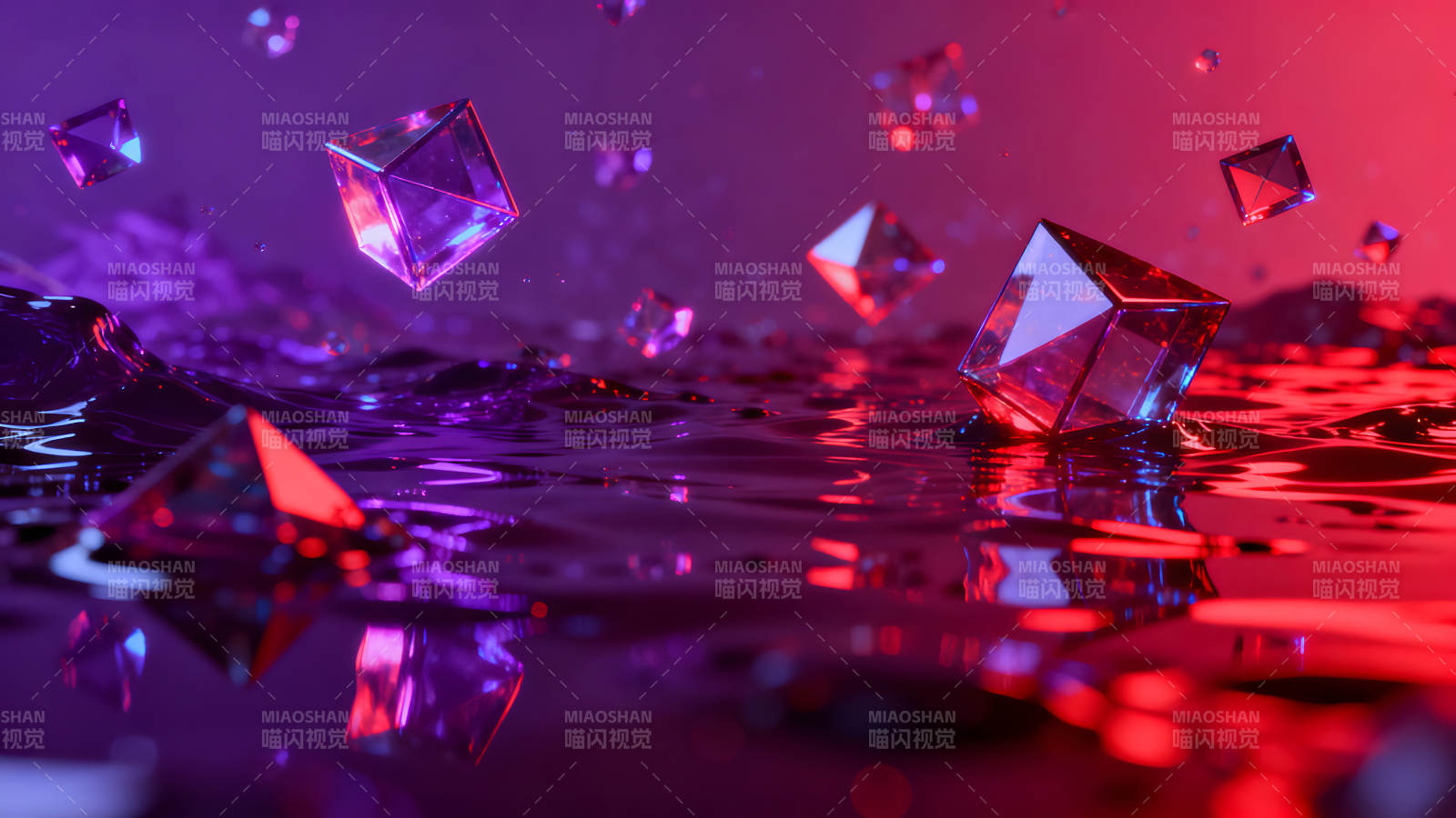 抽象光线下的几何晶体漂浮在水面之上图片