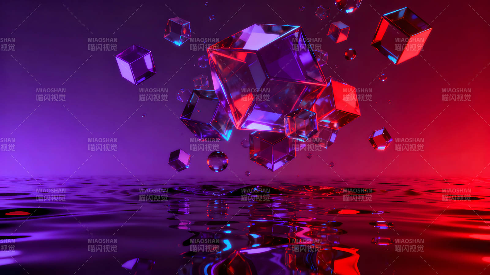 立方体漂浮水面光影渲染图片