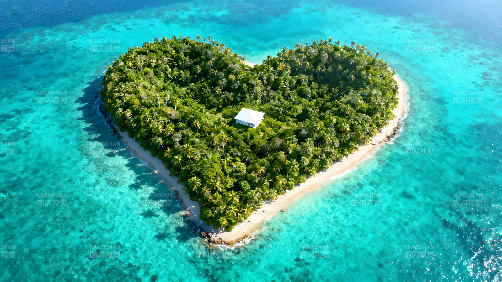 心形岛屿上的白色小屋碧海蓝天椰树成荫图片