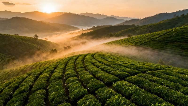 茶园山坡日出雾气缭绕生机勃勃图片