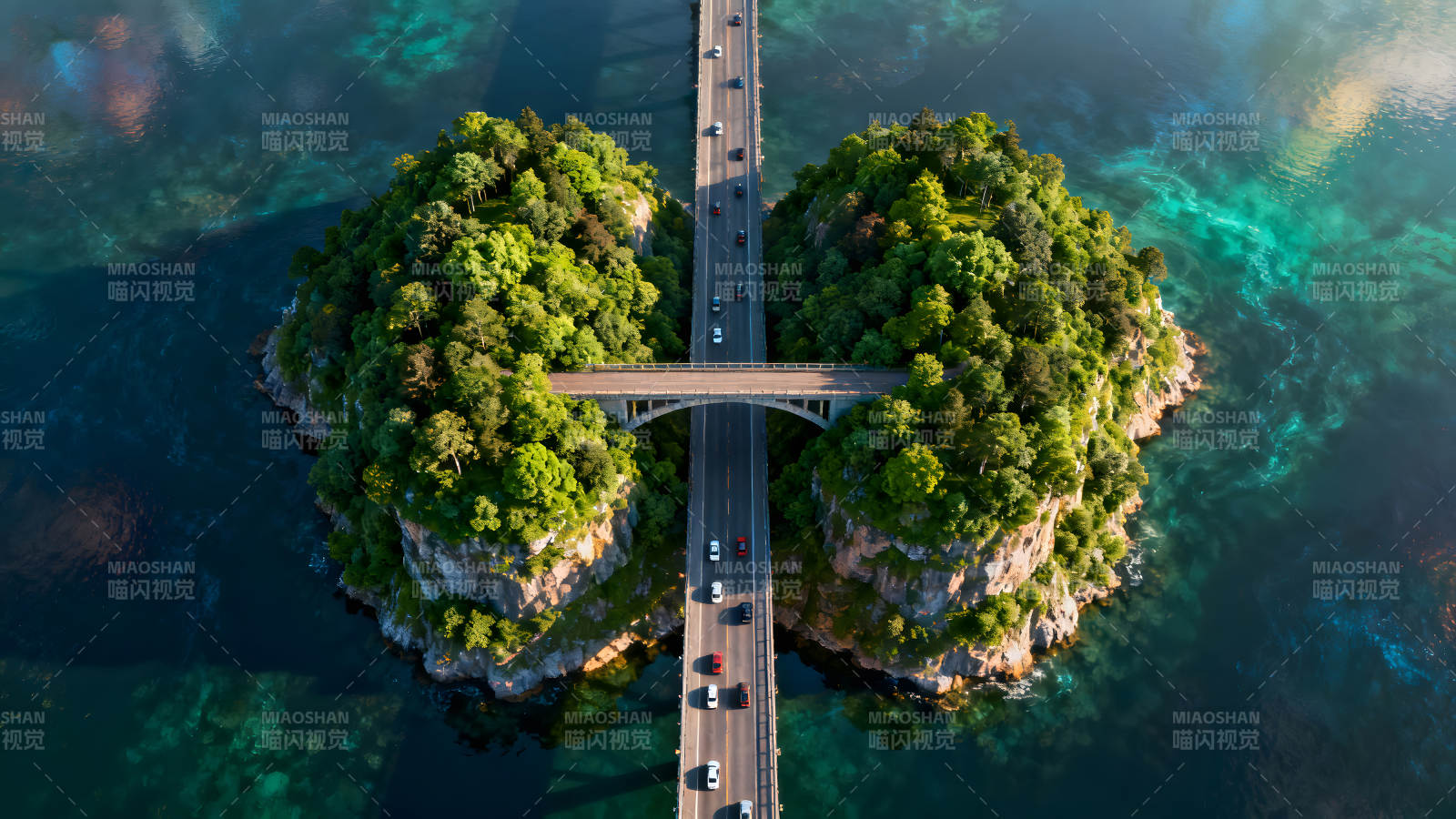 桥梁连接岛屿车流穿梭自然风光图片