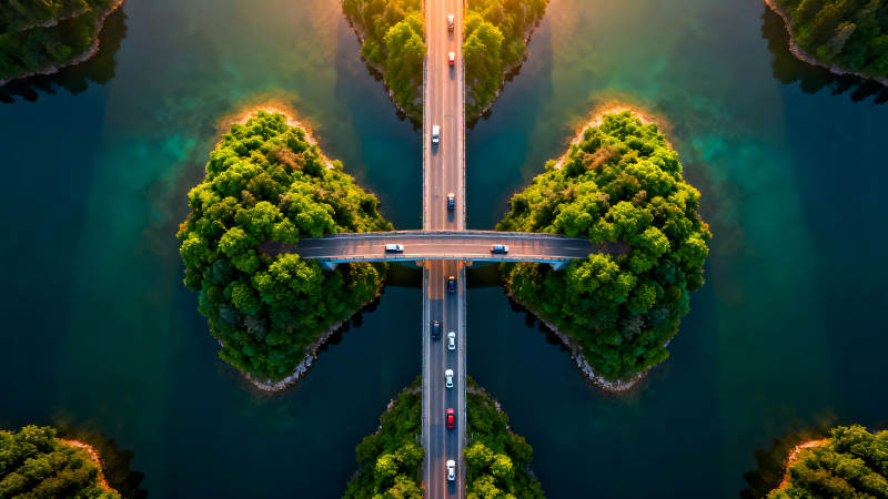 桥梁纵横树木环抱碧水映衬图片