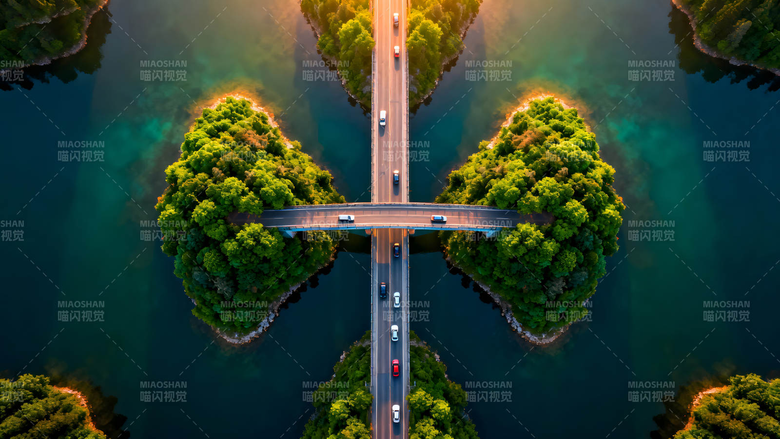 桥梁纵横树木环抱碧水映衬图片