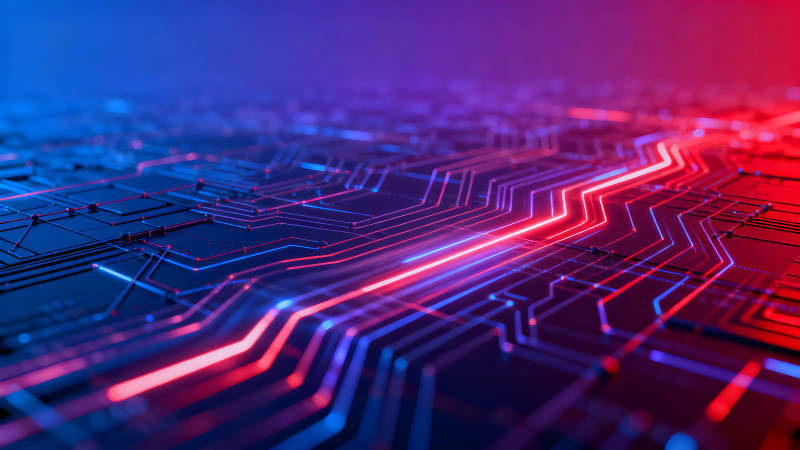 电路板蓝红光线交织图片