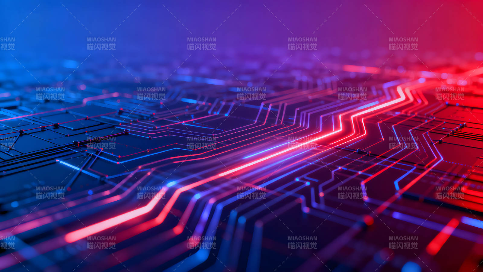 电路板蓝红光线交织图片