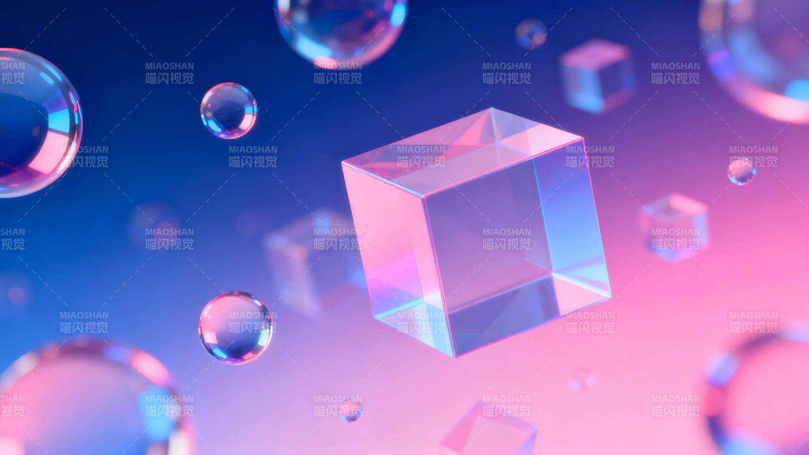 抽象光影立方体与气泡漂浮图图片