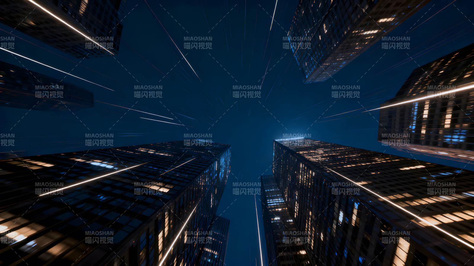 城市夜空下的摩天大楼与光轨图片