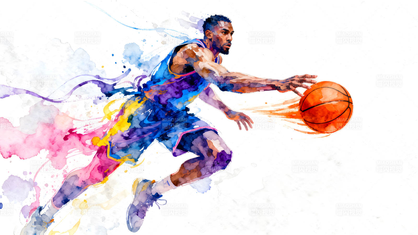 篮球运动员运球水彩画图片