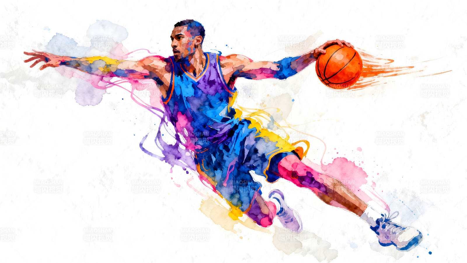 篮球运动员跳投的彩色水彩画图片